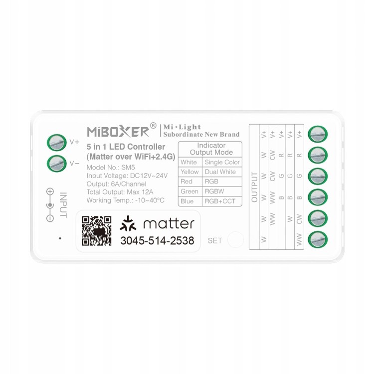 MiBoxer SM5 5w1 Sterownik taśmy LED Matter over + WiFi + 2,4GHz RGB / CCT