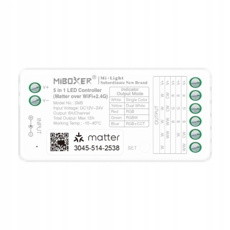 MiBoxer SM5 5w1 Sterownik taśmy LED Matter over + WiFi + 2,4GHz RGB / CCT